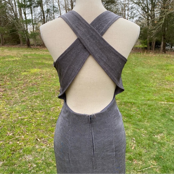CACHE DRESS MAXI SHEATH SILVER METALLIC SLEEVELESS SEXY CRISSCROSS BACK SIZE 10 - Picture 8 of 12